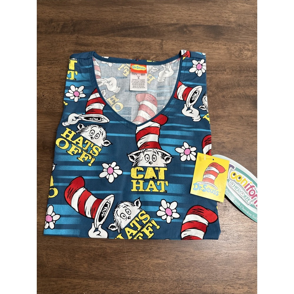 Dr. Seuss Cherokee Scrubs Tooniforms V-Neck Top TF614 Cat Hat Hats Off NWT Small